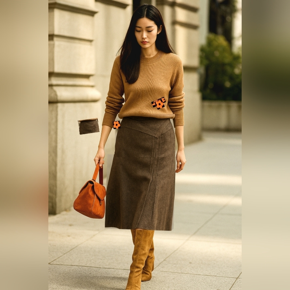 WITCHERY🐞ItalyTweed Neutral Brown Asymmetrical A-Line Midi Skirt Sz:10